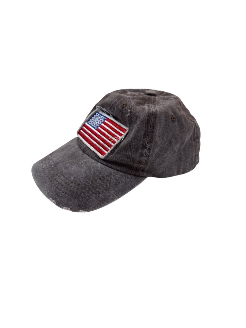 Vintage Distressed Washed Gray Baseball Cap With American Flag Patch